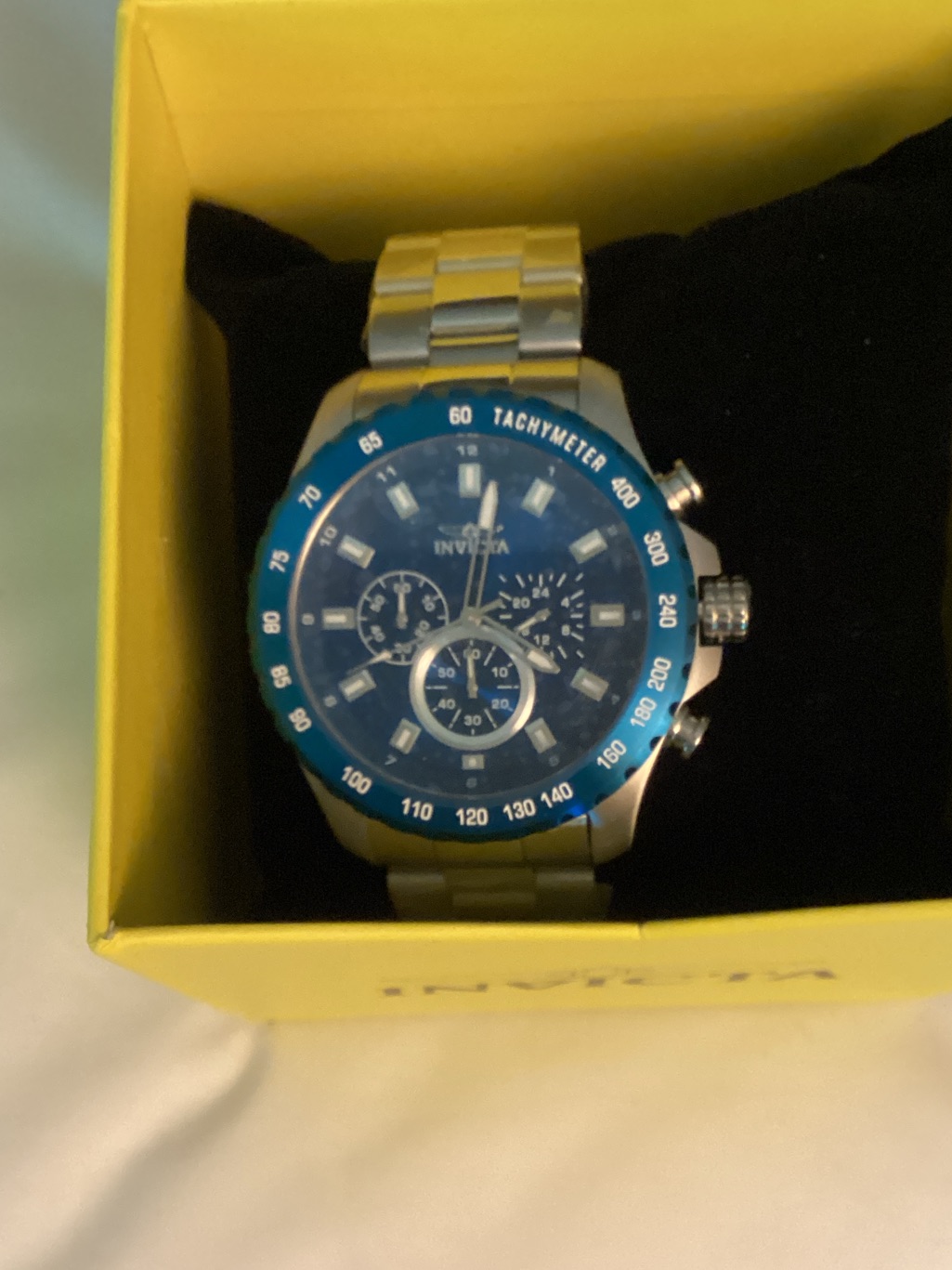 Invicta Silver Stainless Steel Watch With Blue Dial And Bezel